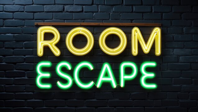 Neon sign for room escape against a brick wall backdrop.
