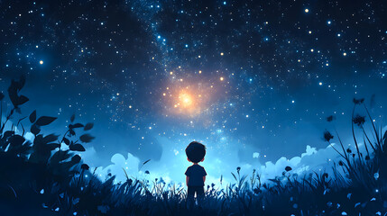 Obraz premium Illustration of a boy looking at night starry sky with glitter glow galaxy flicker above, idea for prayer of hope, love, peace theme,