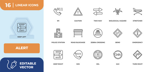 outline icons set - alert concept. keep left, 911 and more.