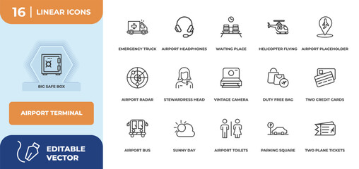 outline icons set - airport terminal concept. big safe box, emergency truck and more.