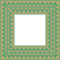Vector square Assyrian gold with green ornament. Rectangle, border, frame of Mesopatamia. Pattern of the ancient East