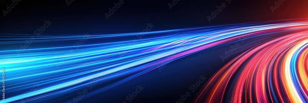 Poster a vibrant display of colorful light trails against a dark background, suggesting motion and dynamic 