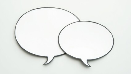 Fototapeta premium 2 empty speech bubbles on a white paper background. Chat bubbles made from cardboard. Simple and effective design. Concept of discussion and commenting with ample free empty space for text.