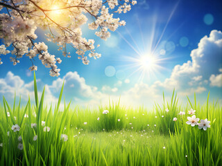 Obraz premium Spring or summer season. abstract nature background. Grass blue sky sunset and cherry blossom background.