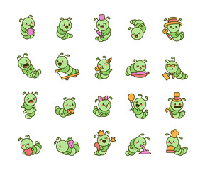 Adorable caterpillar set featuring various emotions, accessories, and activities in a charming kawaii cartoon style, including birthday, business, magic, and daily life moments for yours projects