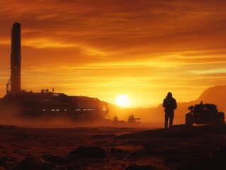 Naklejka premium A stunning Martian colony thrives under a vibrant sunset