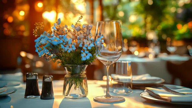 Elegant restaurant table setting with a wine glass at sunset, surrounded by candles and greenery