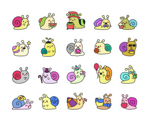 Adorable snail character set featuring various emotions, fun accessories, delicious food, magical elements, cozy scarf, books, sunglasses, in charming cartoon style