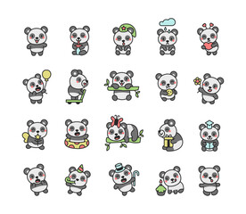 Adorable panda character set featuring various emotions, accessories, and objects, including holiday themes, weather elements, transportation, gifts, and playful interactions