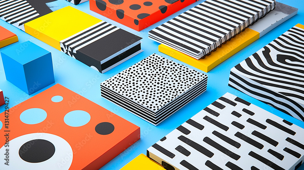Poster abstract geometric shapes with colorful patterns on a blue background.