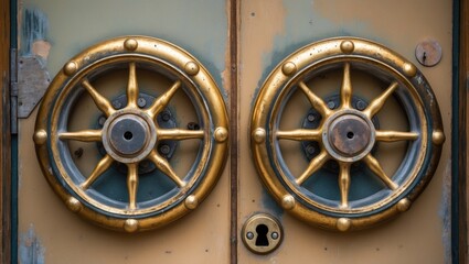Fototapeta premium Old golden door handle. The metallic corn-colored door knob designed like a steering wheel. Close-up of two metallic gold door handles resembling a helm. Gilded door featuring two round handles.