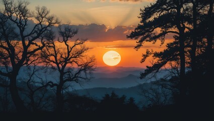 Paraphrased Title: "Astonishing and beautiful sunset over silhouettes. Stunning landscape scenery background wallpaper of sunset. Sunset Over Trees and Mountains with Dramatic Clouds."