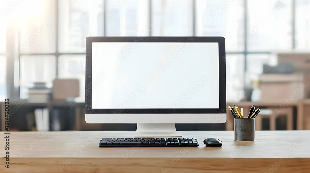 Poster bright home office workspace featuring a computer with blank screen keyboard mouse pens and pencils 