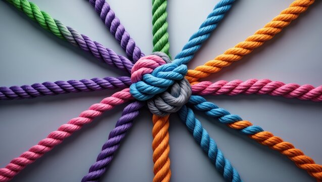 Central network connection business idea represented as a collection of various ropes linked to a central rope, serving as a metaphor for connectivity and association with a centralized support sys...