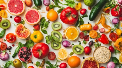 A vibrant food pattern featuring an assortment of colorful fruits, vegetables, and grains