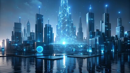 Futuristic cityscape with glowing towers and network connections.