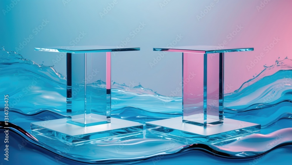 Poster two transparent square podiums made of clear glass are positioned on a translucent blue backdrop fea