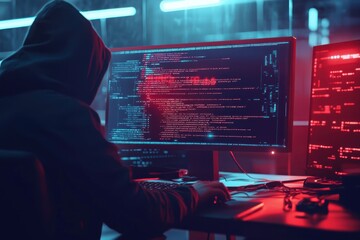 Unknown hacker coding security breach on computer screen. Cybercrime concept for technology, internet attack and theft of personal data. Man in hoodie for protection