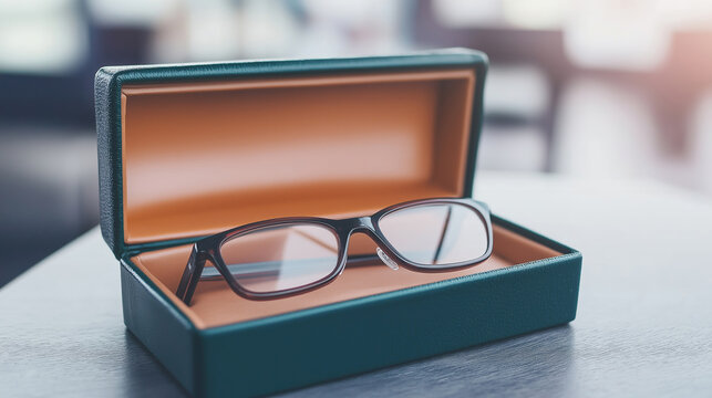 Sleek eyeglasses resting securely in compact protective case, highlighting modern convenience for travelers