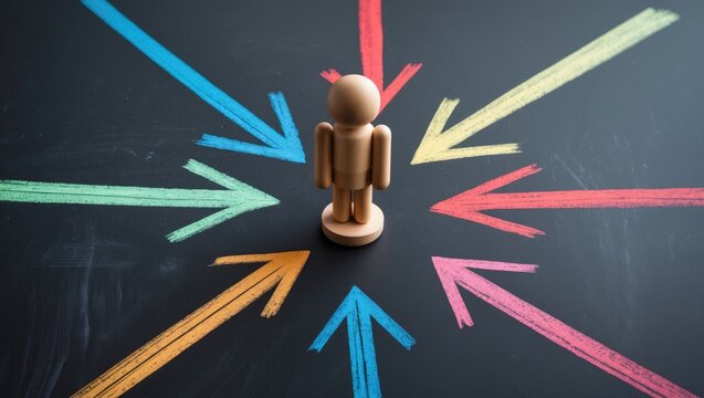 Arrows directed toward a figure. Customer centricity and focus.