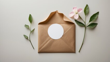 Round blank sticker mockup, circular tag mockup on kraft paper gift bag, adhesive thank you card, round product label, pink flowers.