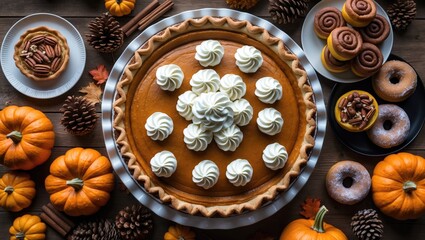 Fototapeta premium Autumn desserts table arrangement featuring a variety of traditional sweet treats. Aerial view over a rustic wooden background.