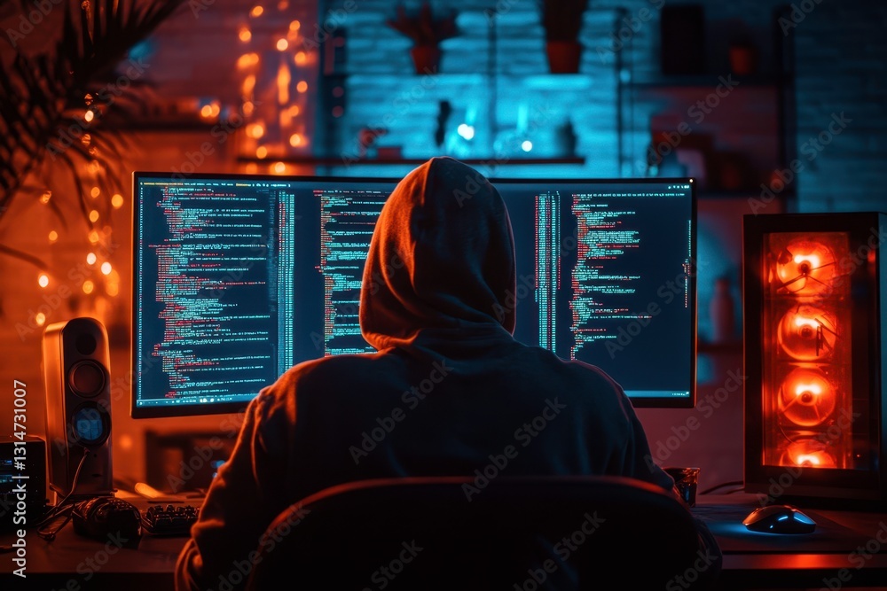 Poster man in hoodie codes on workstation, displaying complex code in a darkly lit room, showcasing cyber s