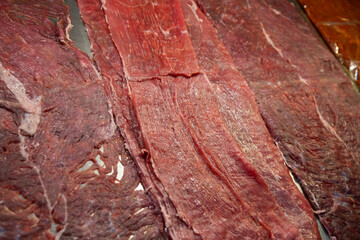 Beef jerky. Meat stall in the central market of the city of Oaxaca in Mexico.