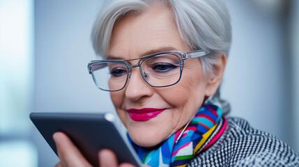 Stylish senior businesswoman wearing glasses and colorful scarf, using digital tablet with a joyful expression, embracing technology and online communication