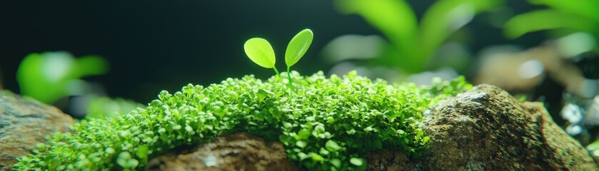Tiny sprout growing on moss-covered rock, aquatic background, nature's resilience