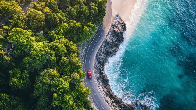 Aerial view of a coastal road running parallel to a turquoise ocean