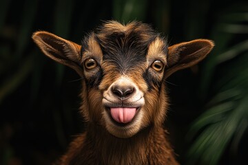 Fototapeta premium Ridiculously Funny Goat Sticking Its Tongue Out With the Goofiest Expression