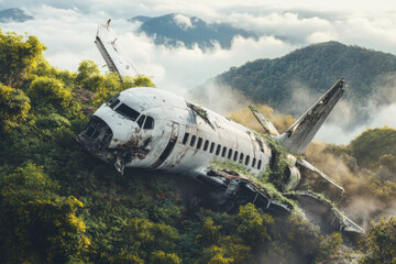 Fototapeta premium A rusty airplane rests amidst lush greenery on a mountain ridge, surrounded by fog and mist, creating an eerie yet captivating atmosphere