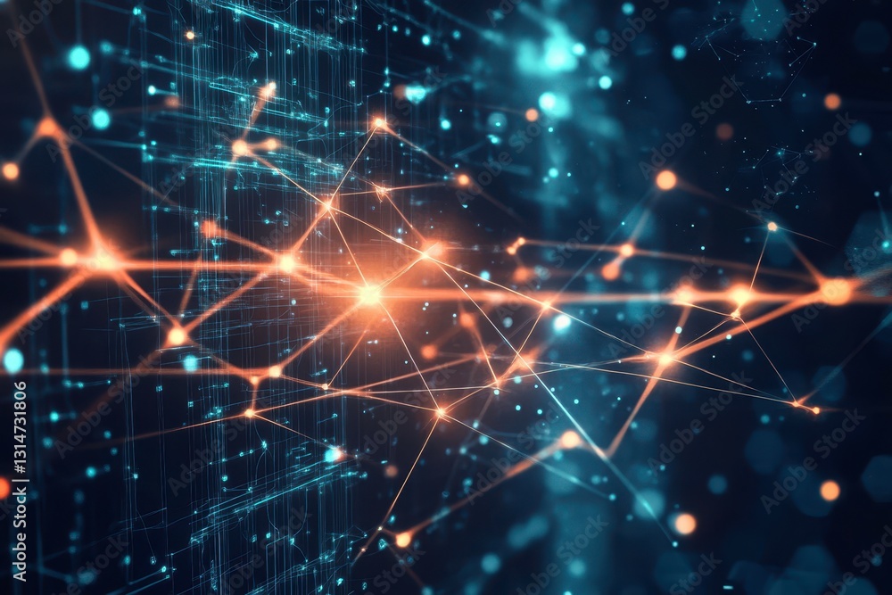 Poster futuristic abstract network with glowing nodes and connections illustrating global communications fo