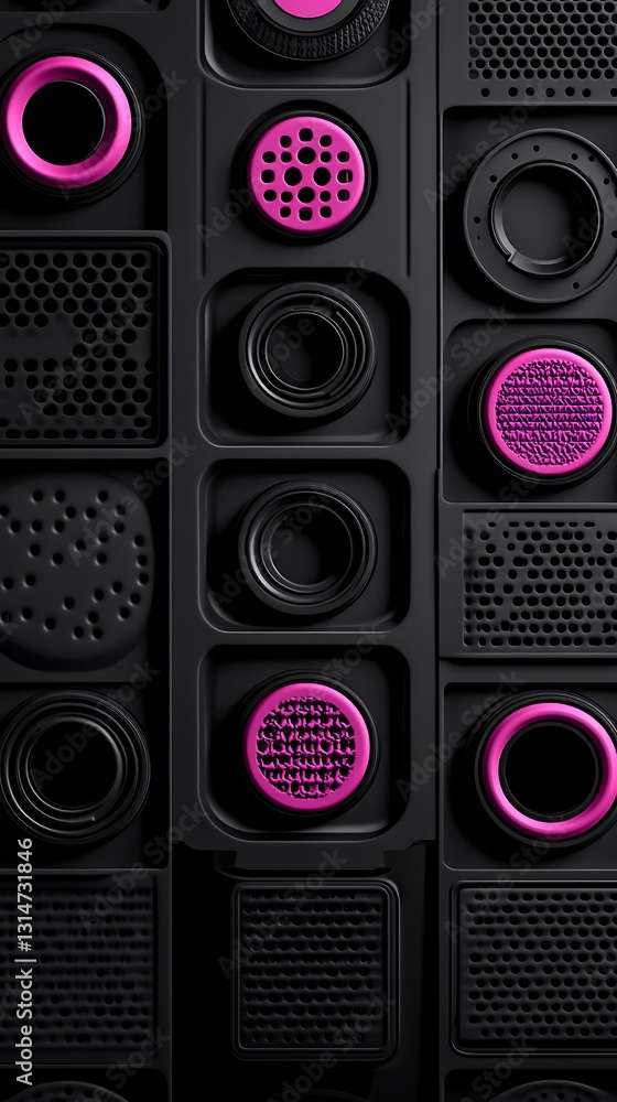 Poster organized array of dark textured circles and squares with vivid magenta