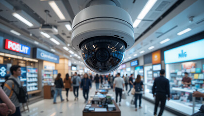 Dome-Shaped Surveillance Camera Overlooking a Busy Shopping Mall with Illuminated Store Signs