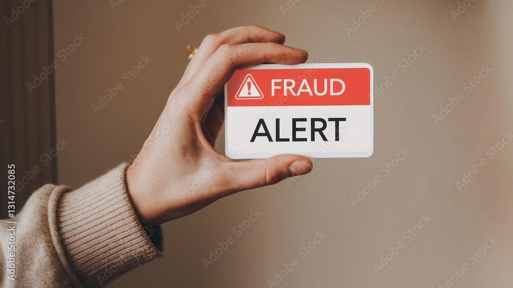 Poster warning sign: a hand holds a 'fraud alert' sign, capturing the gravity of deception and security con