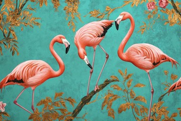 Elegant flamingos stand gracefully on vibrant turquoise backdrop