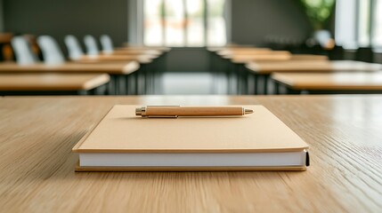 Classroom study session modern educational facility photo of desk indoor overhead angle focus on learning materials