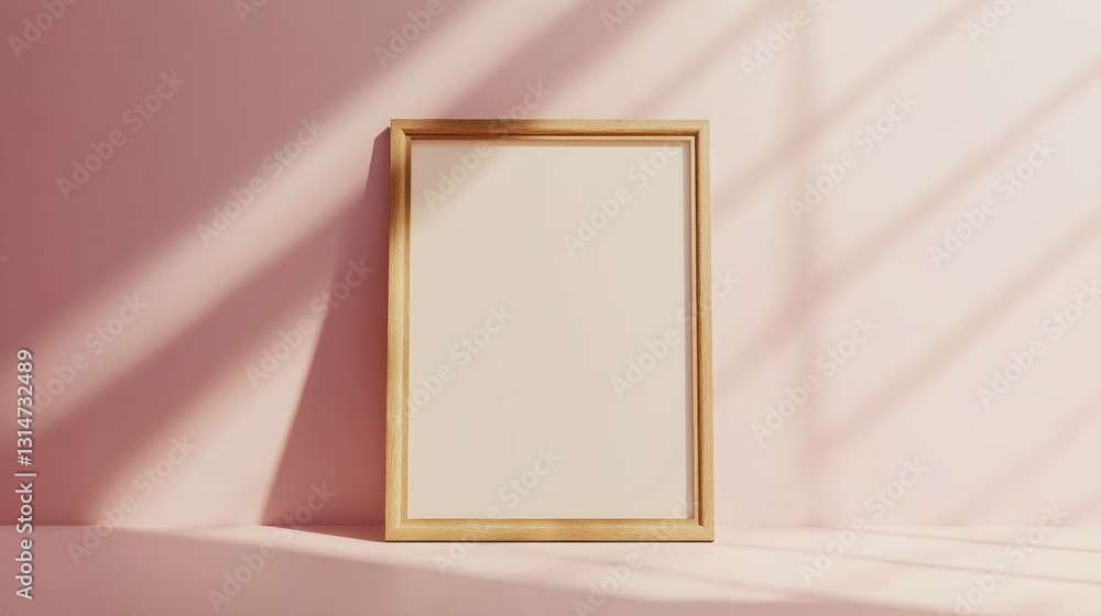 Poster a blank wooden frame stands on a delicate pink background, illuminated by warm sunlight. soft shadow