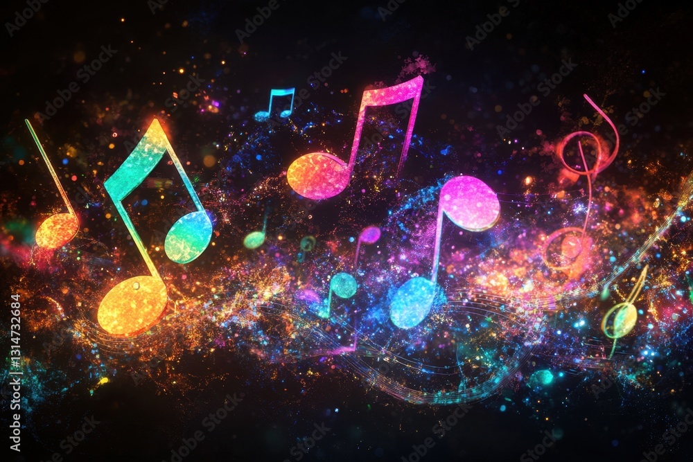 Wall mural vibrant musical notes floating in a cosmic symphony of color and light on dark background creates a 