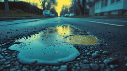 Fototapeta premium Sunny day following rain, the vacant road. Close-up perspective from the level of the puddle on the pavement, image featuring yellow-blue toning.