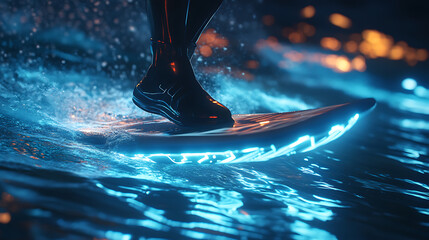 Realistic close-up animation of an athlete riding a high-tech hydrofoil surfboard, gliding smoothly over futuristic glowing water 