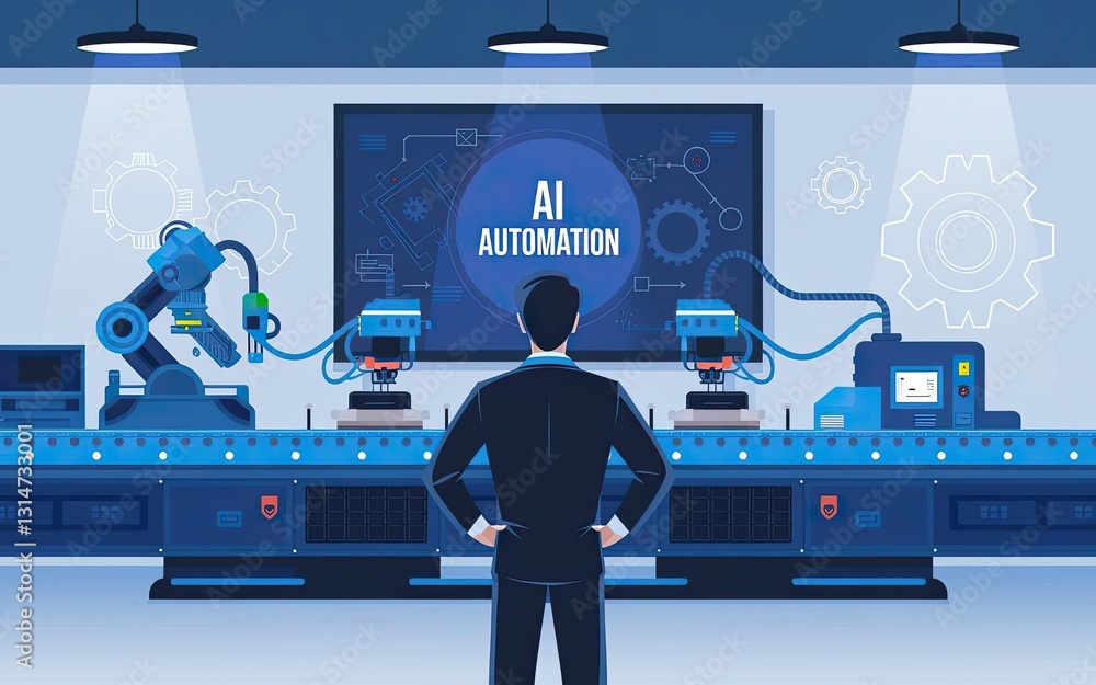 Poster ai automation in smart factory: a businessman oversees a futuristic smart factory production line po
