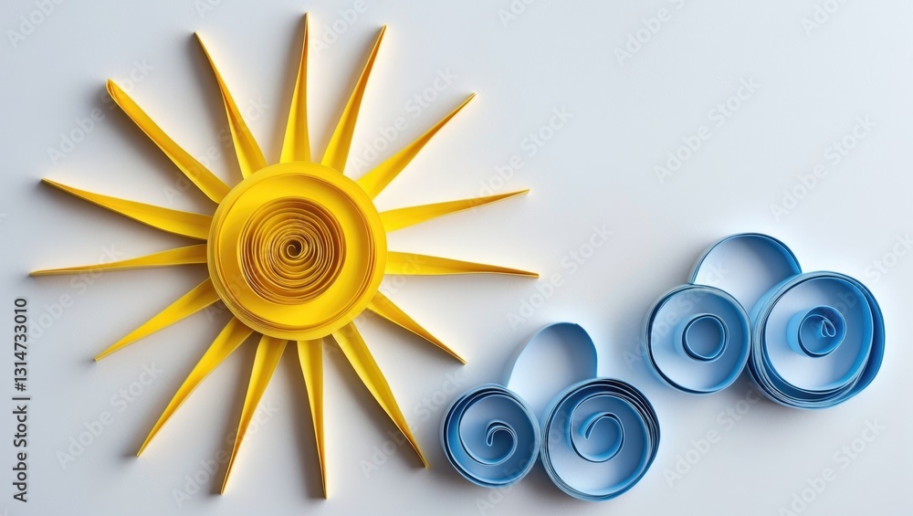 Poster paper sun with clouds against a white background. crafted using the paper quilling technique.
