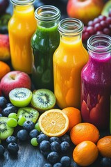 Vibrant fruit smoothies in glass bottles with fresh kiwi blueberries and oranges on dark surface for healthy lifestyle and nutrition concept