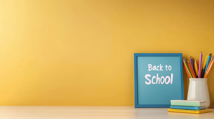 Minimalist back to school still life featuring a small blue framed blackboard with the message back to school alongside colored pencils and notebooks on a wooden table against a yellow background