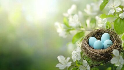 Delicate bird nest nestled among spring blossoms, holding pale blue eggs signaling renewal, fertility, and nurturing environment