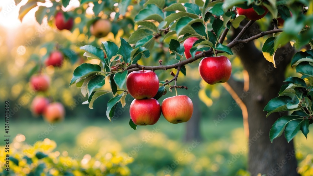 Aufkleber horizontal banner featuring an apple tree set against a sunlit morning background. ripe red apples s