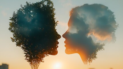 Embracing nature and humanity portrait of two faces merged with trees at sunset surreal art concept tranquil environment